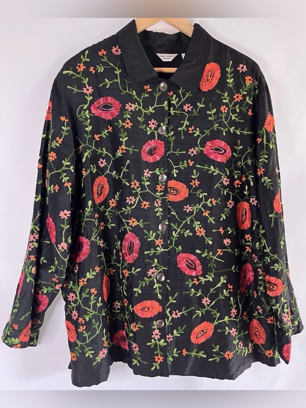 Vintage Laura Ashley 100% Silk Black Floral Embroidered Lined Jacket Blouse 2XL